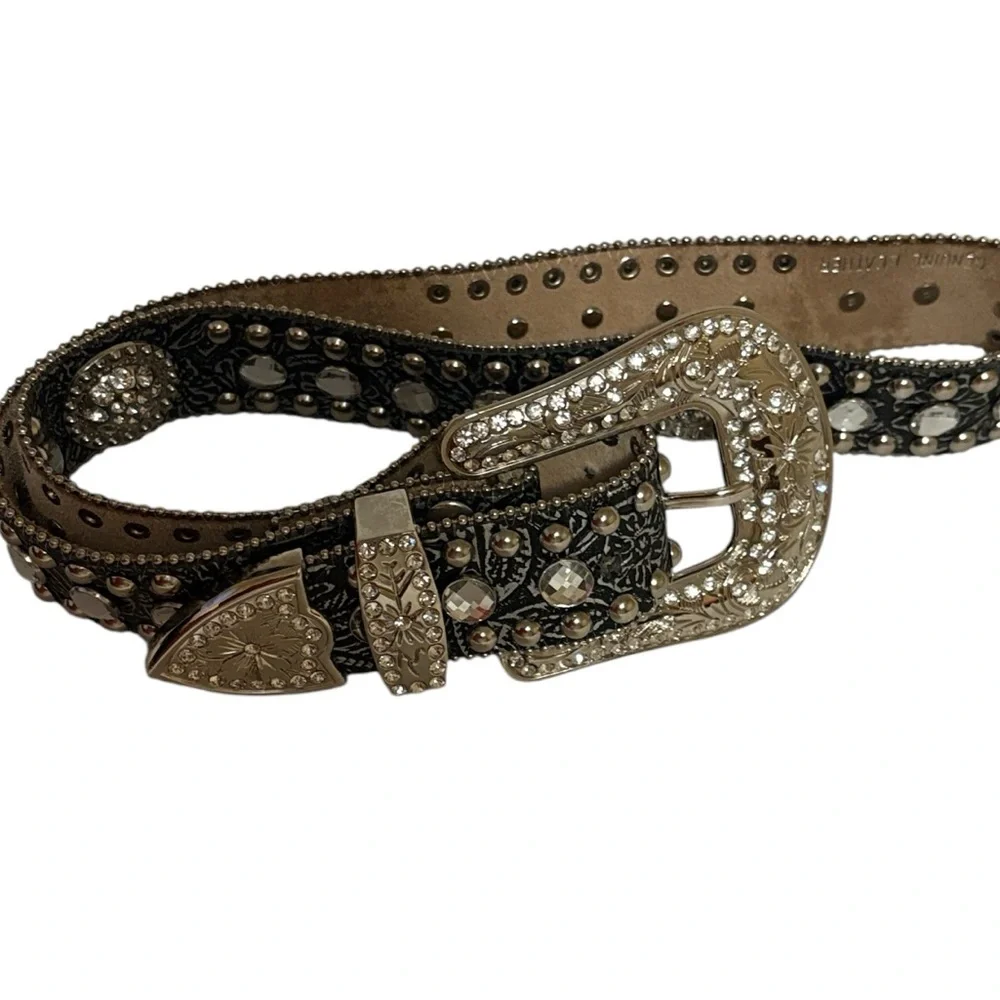 Blazin Roxx embossed leather western belt, crystal conchos,rhinestones, studs, M
